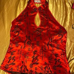 Y2K / 90s Authentic asian typography calligraphy red satin shirt S/M